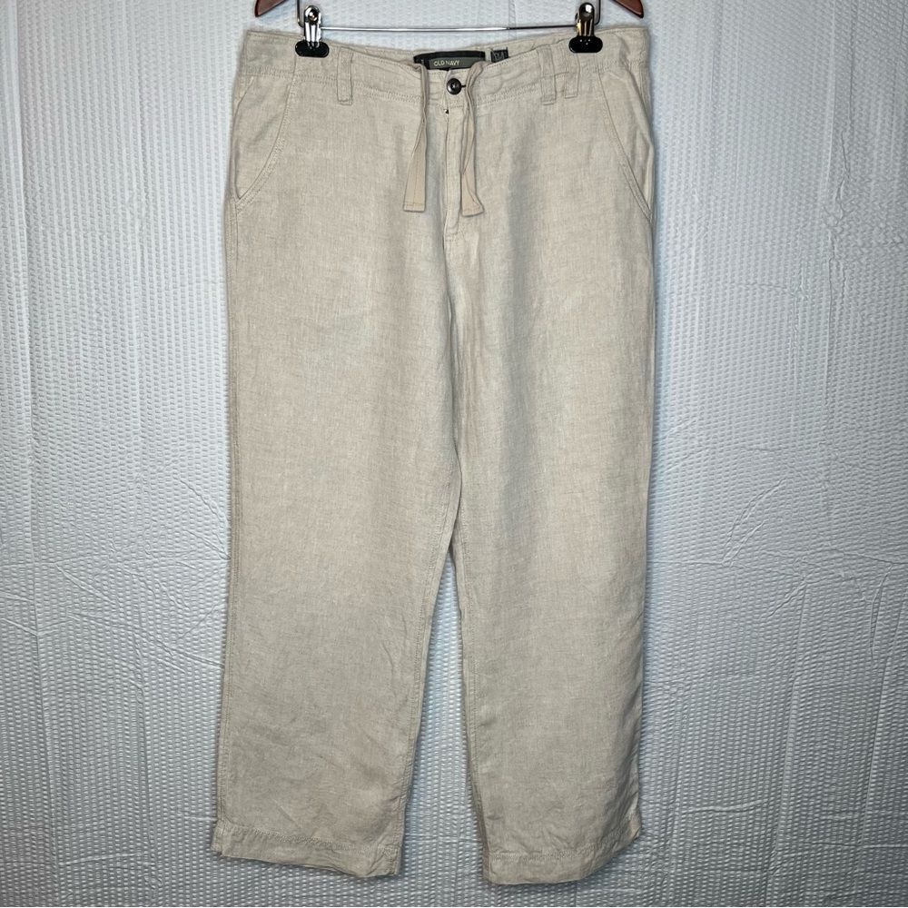 Vintage Y2K Old Navy Beige 100%Linen Drawstring Flat Front Chinos Size W34 L30